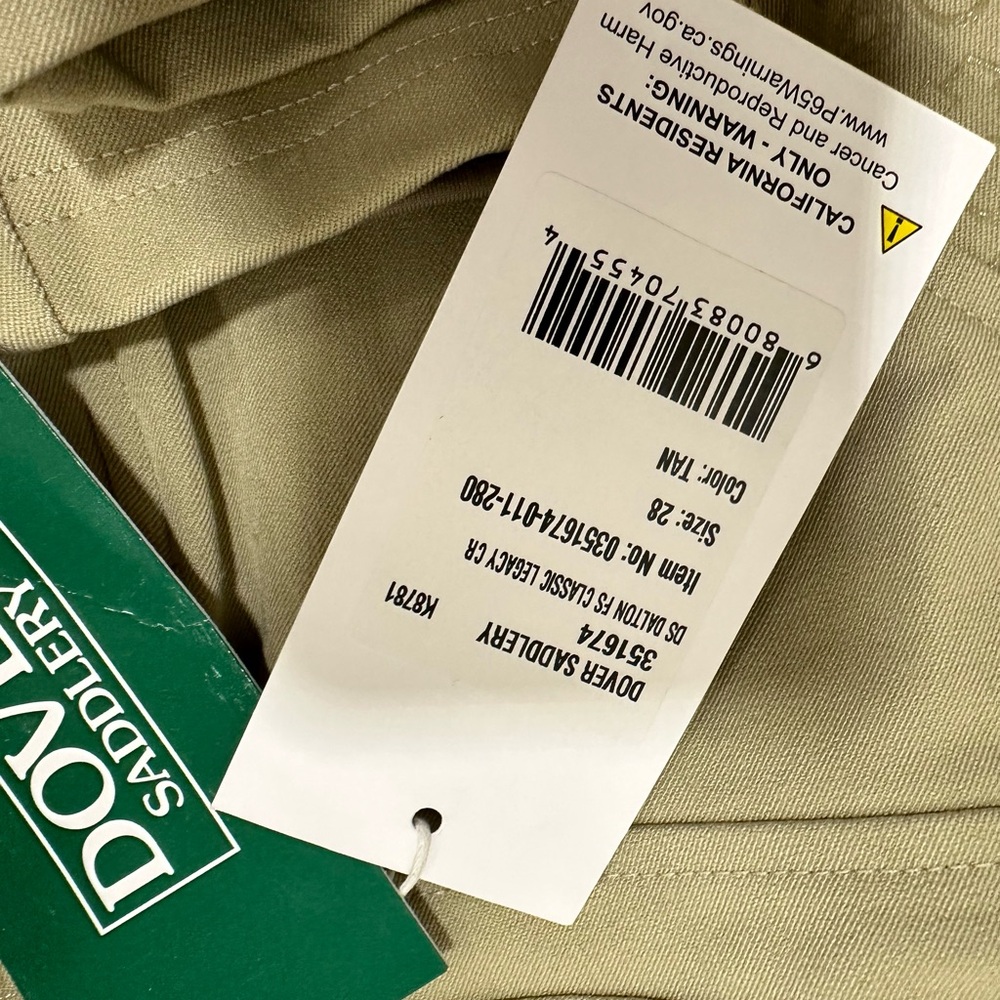 NWT Dover Saddlery Riding Breeches, Size 28 Tan